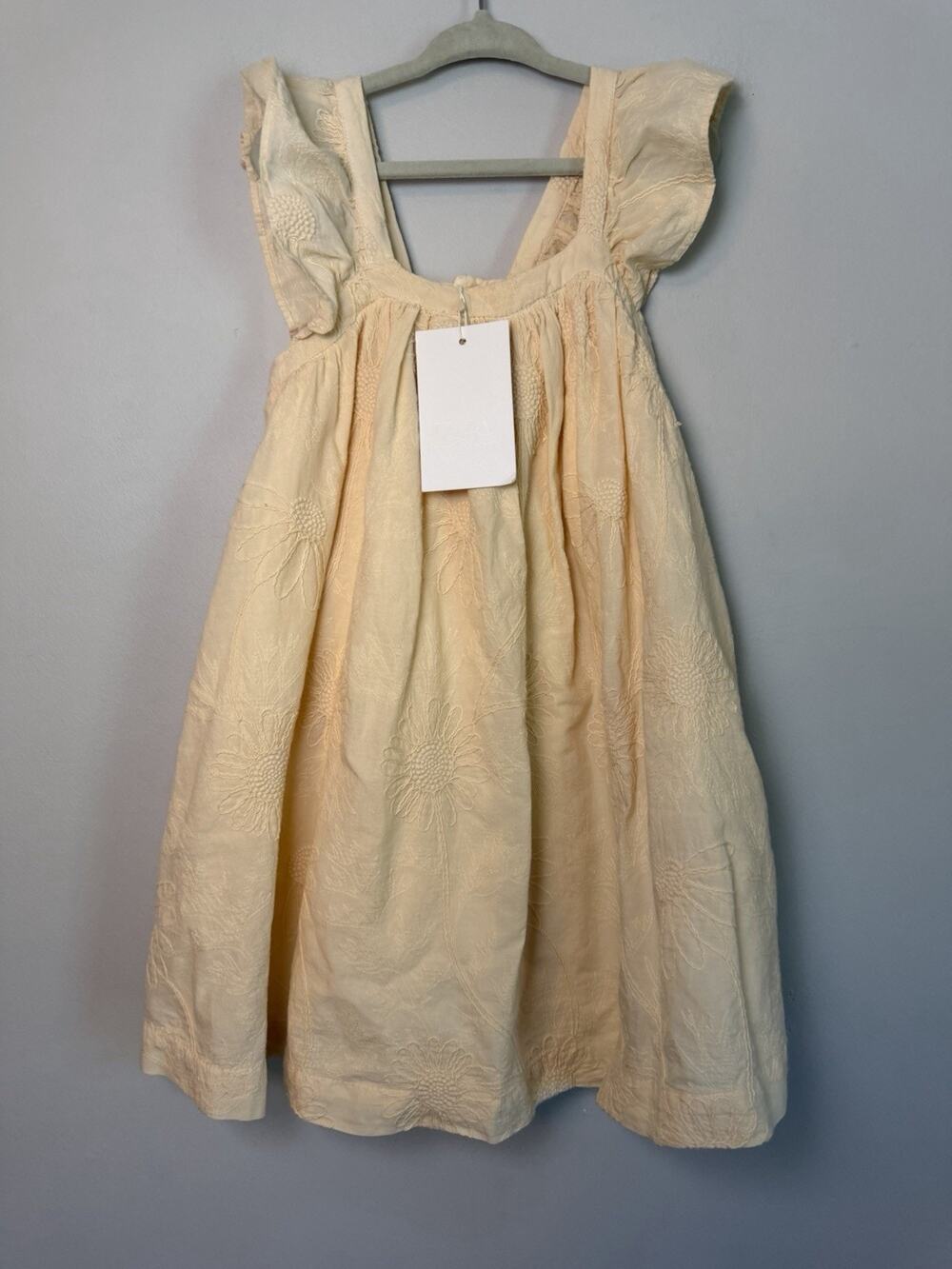 Zara Butter Yellow Embroidered Floral Dress Flutter Sleeve Sz 5 NWT